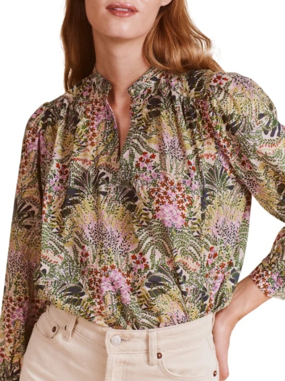 Trovata Birds of Paradis colorful pink green botanical print keyhole blouse XS